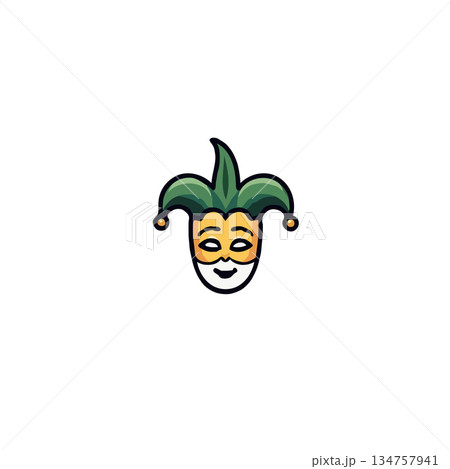 Enigmatic jester face with playful smile evokes whimsical charm and captivating symbolic 134757941