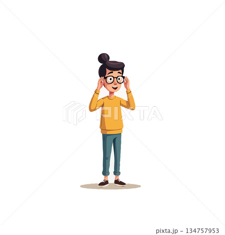 Illustration depicts a charming character with expressive eyes adjusting her eyewear in a playful 134757953