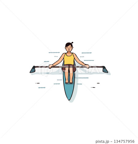 Illustration of a young woman practicing rowing on the water showcasing strength and coordination 134757956
