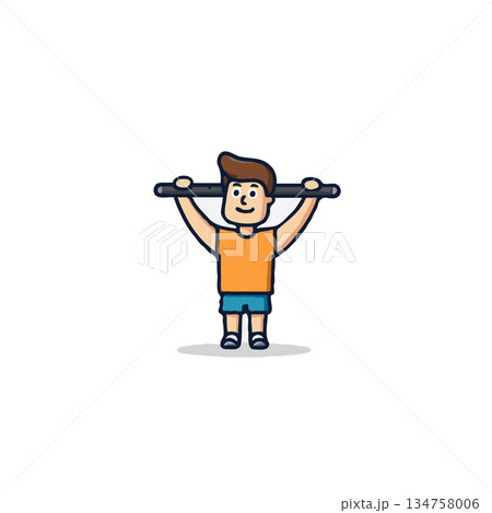 Cartoon man demonstrating upper body strength workout with exercise bar isolated on plain Cartoon man demonstrating upper body strength workout with exercise bar isolated on plain 134758006