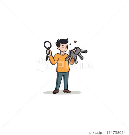 Cartoon boy finding the right key with a magnifying glass to unlock hidden potentials and security Cartoon boy finding the right key with a magnifying glass to unlock hidden potentials and security 134758034