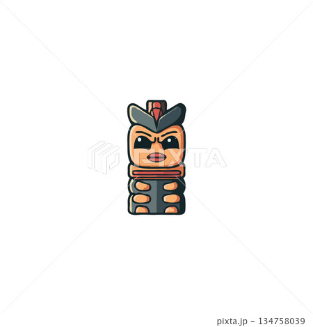 Stylized cartoon totem pole illustration featuring stacked geometric shapes evoking indigenous art 134758039