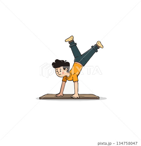 Cartoonish boy engaging in a handstand with balanced precision demonstrates youthful strength and Cartoonish boy engaging in a handstand with balanced precision demonstrates youthful strength and 134758047