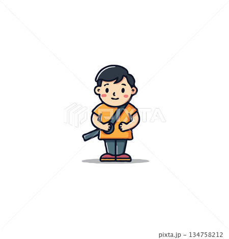 Cartoon boy standing with strap slung across shoulder radiating positivity in minimalist vector 134758212