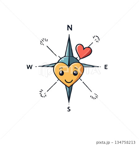 Compass rose icon with a heart-shaped face pointing to love's direction finding true feelings in 134758213