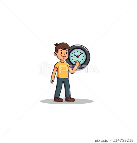 A young boy carrying an analog clock demonstrating time management concept in a learning A young boy carrying an analog clock demonstrating time management concept in a learning 134758219