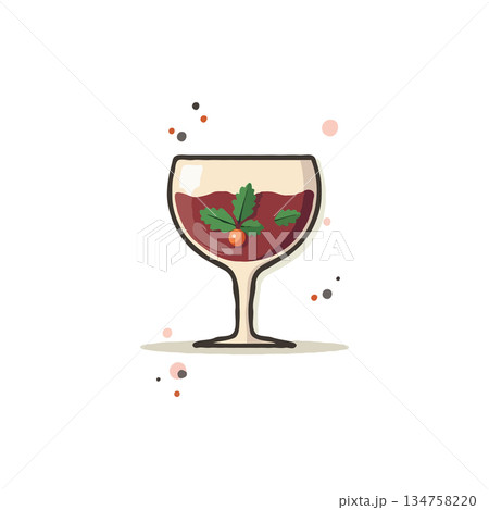 Festive holiday cocktail illustration featuring vibrant red liquid and botanical garnishes in Festive holiday cocktail illustration featuring vibrant red liquid and botanical garnishes in 134758220
