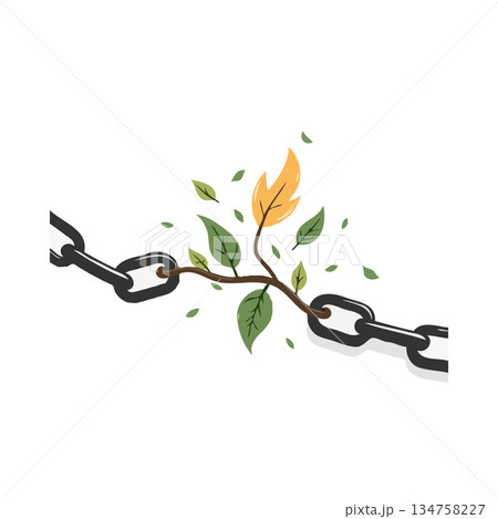 Symbolic illustration of resilient nature overcoming adversity by growing through a broken chain Symbolic illustration of resilient nature overcoming adversity by growing through a broken chain 134758227