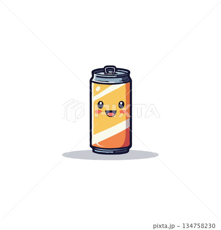 Delightful canned beverage illustration featuring an orange and yellow soda character with a 134758230