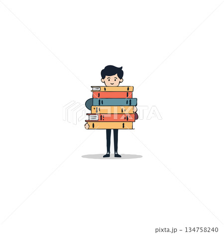 Cartoon illustration of student carrying a huge stack of books in front of white background 134758240
