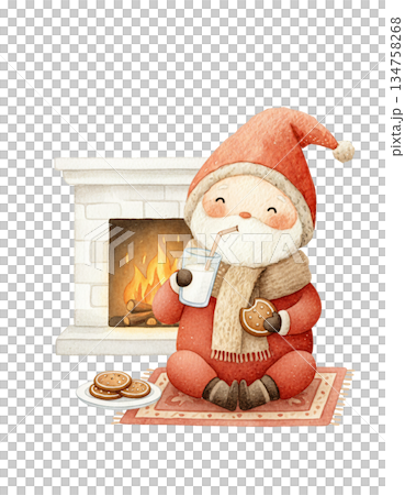 Cute watercolor baby Santa sitting on rug drinking milk and eating cookie. Hand drawn cozy winter holiday snack illustration by fireplace. Cute watercolor baby Santa sitting on rug drinking milk and eating cookie. Hand drawn cozy winter holiday snack illustration by fireplace. 134758268