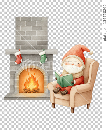 Cute watercolor Santa sitting in armchair reading a book by the fireplace. Hand drawn cozy winter holiday relaxation illustration. Cute watercolor Santa sitting in armchair reading a book by the fireplace. Hand drawn cozy winter holiday relaxation illustration. 134758269
