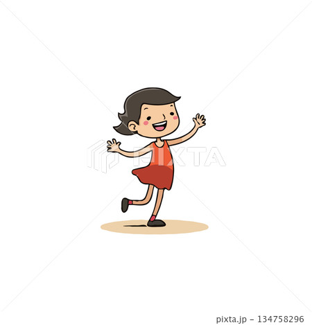 Cheerful young girl cartoon illustration radiating joy with outstretched arms and vibrant dress 134758296