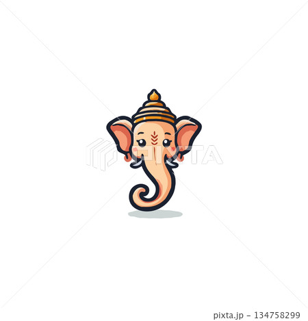 Charming illustration depicting a stylized representation of Lord Ganesha with large ears and 134758299