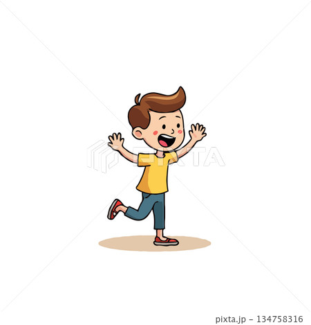Joyful cartoon boy with outstretched arms expressing excitement and happiness in a playful pose 134758316