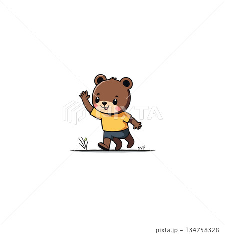 Cheerful cartoon bear cub strolling happily, raising a paw in greeting, expressing friendliness Cheerful cartoon bear cub strolling happily, raising a paw in greeting, expressing friendliness 134758328