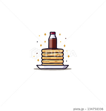 Stack of fluffy pancakes with chocolate syrup bottle and shimmering particles illustration for 134758336