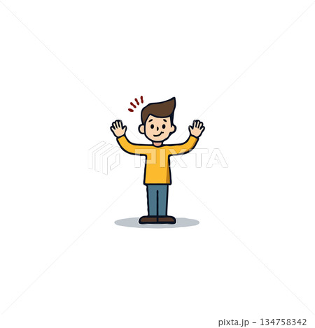 Enthusiastic cartoon character cheerfully raises his arms in greeting or celebration creating a 134758342