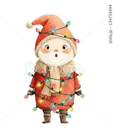 Cute watercolor baby Santa tangled in colorful Christmas string lights. Hand drawn funny winter holiday decorating illustration isolated on white background. Cute watercolor baby Santa tangled in colorful Christmas string lights. Hand drawn funny winter holiday decorating illustration isolated on white background. 134758494