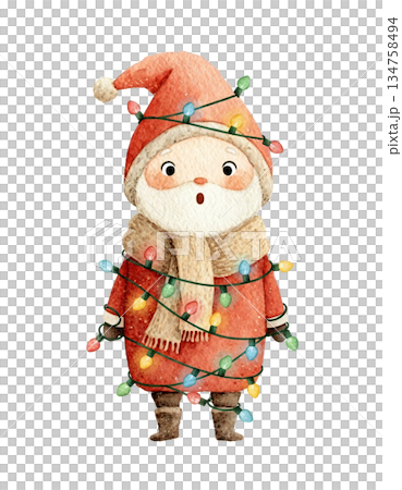 Cute watercolor baby Santa tangled in colorful Christmas string lights. Hand drawn funny winter holiday decorating illustration isolated on white background. Cute watercolor baby Santa tangled in colorful Christmas string lights. Hand drawn funny winter holiday decorating illustration isolated on white background. 134758494