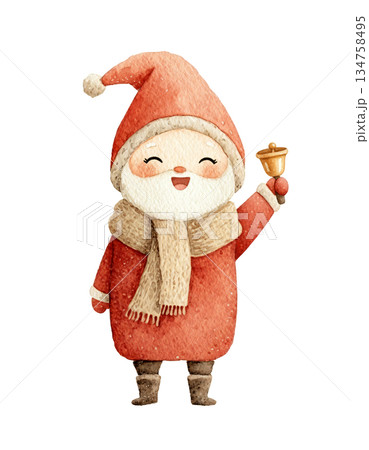 Cute watercolor baby Santa ringing golden handbell. Hand drawn winter holiday announcement character illustration isolated on white background. Cute watercolor baby Santa ringing golden handbell. Hand drawn winter holiday announcement character illustration isolated on white background. 134758495