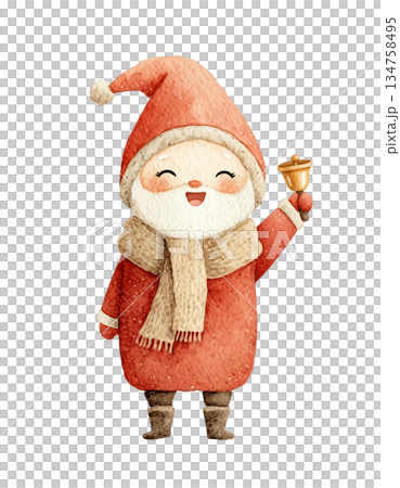 Cute watercolor baby Santa ringing golden handbell. Hand drawn winter holiday announcement character illustration isolated on white background. Cute watercolor baby Santa ringing golden handbell. Hand drawn winter holiday announcement character illustration isolated on white background. 134758495
