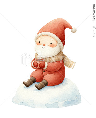 Cute watercolor baby Santa sitting on snowball drinking hot cocoa. Hand drawn winter holiday warming up illustration isolated on white background. 134758496