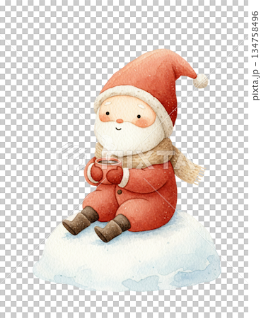 Cute watercolor baby Santa sitting on snowball drinking hot cocoa. Hand drawn winter holiday warming up illustration isolated on white background. Cute watercolor baby Santa sitting on snowball drinking hot cocoa. Hand drawn winter holiday warming up illustration isolated on white background. 134758496