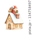Cute watercolor baby Santa sitting on house roof chimney delivering gifts. Hand drawn winter holiday home scene illustration. 134758497