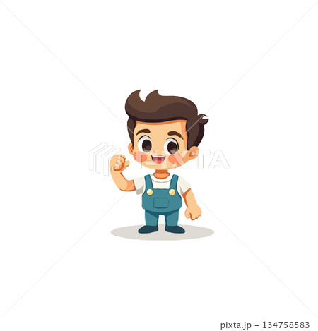 Enthusiastic young cartoon character with brown hair in overalls showing determination and playful 134758583