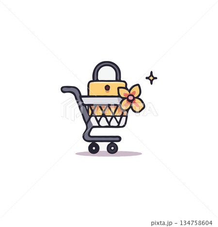 Charming Shopping Cart Icon Featuring a Flower Detail and Subtle Sparkle for Branding Graphics 134758604