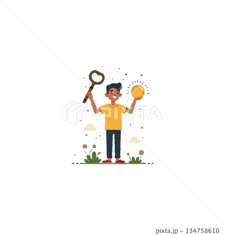 Celebrating an achievement unlocking potential for success with a metaphorical key in hand showing Celebrating an achievement unlocking potential for success with a metaphorical key in hand showing 134758610