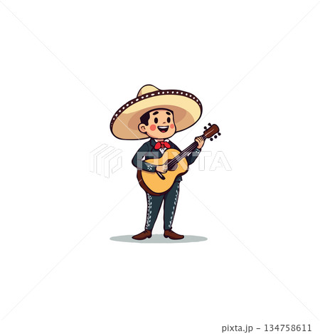 Charming cartoon illustration of a young mariachi musician strumming his guitar with joy and 134758611
