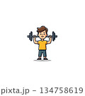 Cartoon depiction of a young boy with barbell showcasing physical fitness and strength training 134758619