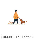 A person walking a dog in minimalistic style artwork representing companionship and casual outdoor 134758624