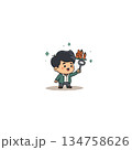Charming cartoon waiter holding a tray of bottled beverages with bottle opener in a minimalistic 134758626