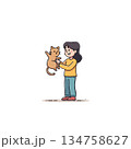 Enchanting illustration of a girl playfully cradling her ginger cat expressing genuine affection 134758627