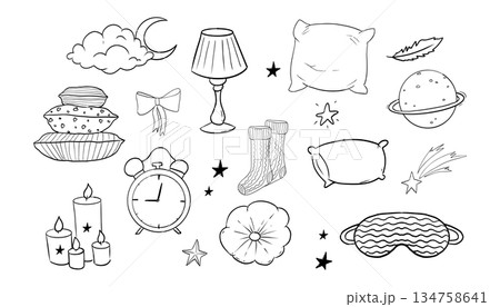 Sleep set cute hand drawn night symbols doodle. Pillow line bedroom relax, sleeping mask, stars and moon. Warm cozy clothes, socks. Sleepy mood,  134758641