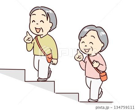 元気に出かける高齢者、階段を上がる 134759111