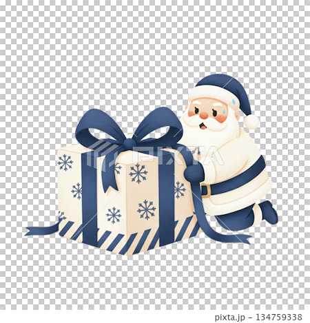 Cute watercolor Santa Claus in blue outfit tying blue ribbon bow on gift box. Hand drawn winter holiday present wrapping illustration isolated on white background. 134759338