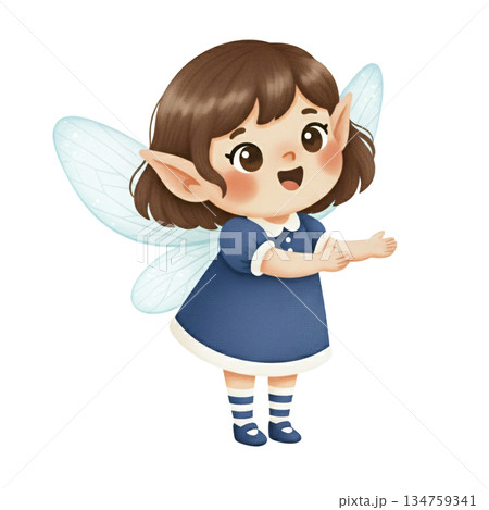 Cute watercolor little fairy girl with wings wearing blue dress standing with open hands. Hand drawn fantasy character illustration isolated on white background. 134759341