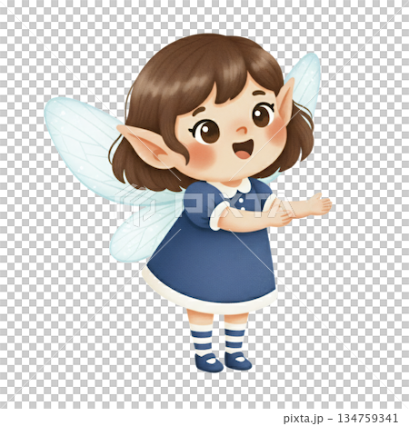 Cute watercolor little fairy girl with wings wearing blue dress standing with open hands. Hand drawn fantasy character illustration isolated on white background. 134759341