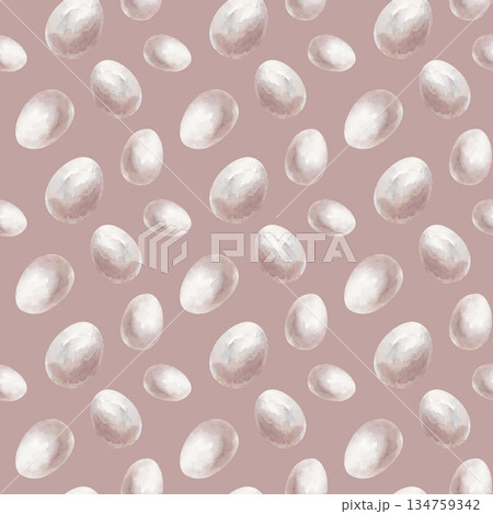 Seamless pattern with white eggs on a light brown background. Watercolor template with farm products for use in agriculture. For packaging and printing. 134759342