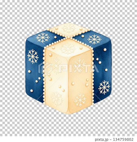 Watercolor Christmas gift box illustration with snowflake pattern, blue and cream holiday present isolated on white background for winter celebration and surprise concept. Watercolor Christmas gift box illustration with snowflake pattern, blue and cream holiday present isolated on white background for winter celebration and surprise concept. 134759802