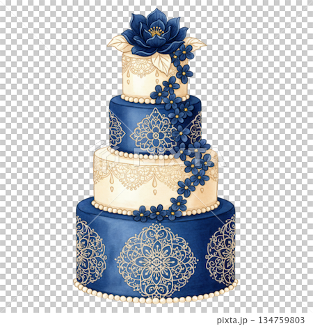 Elegant watercolor four-tier wedding cake illustration with blue flowers and vintage lace pattern, luxury dessert isolated on white background for marriage celebration. 134759803