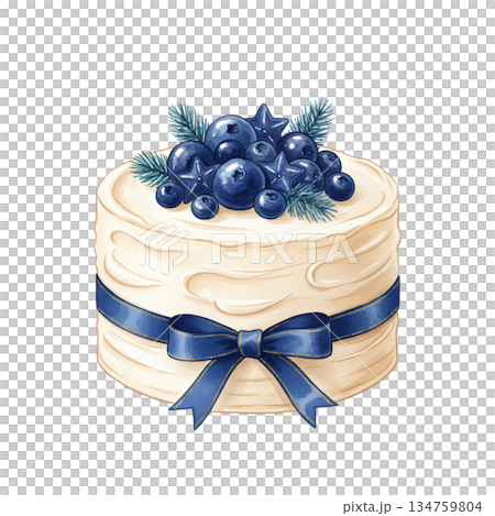 Beautiful watercolor white cake illustration with blue ribbon bow and blueberry topping, elegant festive dessert for wedding and birthday celebration isolated on white background. 134759804
