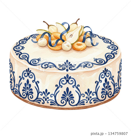 Beautiful watercolor white cake illustration with blue vintage patterns and pear topping, elegant dessert with dried fruits isolated on white background for wedding and party. 134759807