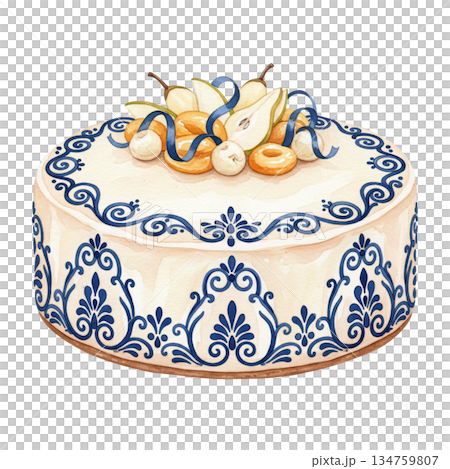 Beautiful watercolor white cake illustration with blue vintage patterns and pear topping, elegant dessert with dried fruits isolated on white background for wedding and party. 134759807