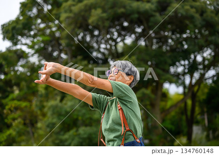 屋外で体操する高齢女性 134760148