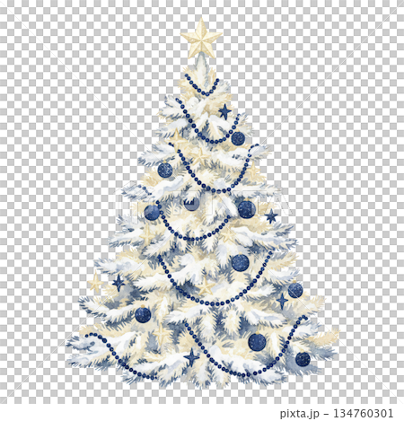 Watercolor white Christmas tree illustration decorated with blue garlands and baubles, elegant flocked pine tree isolated on white background for winter holiday celebration. Watercolor white Christmas tree illustration decorated with blue garlands and baubles, elegant flocked pine tree isolated on white background for winter holiday celebration. 134760301